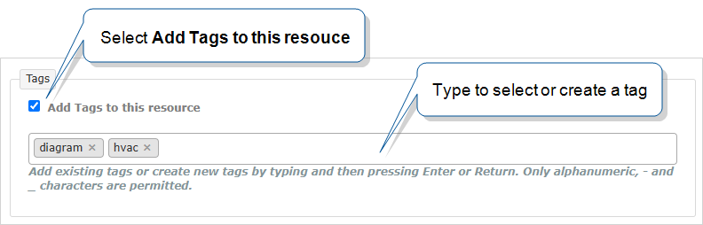 The tags section on the Create Resource Image page in the TrueContext Web Portal. Add Tags to this resource is selected, and the user has applied two tags: diagram and hvac.